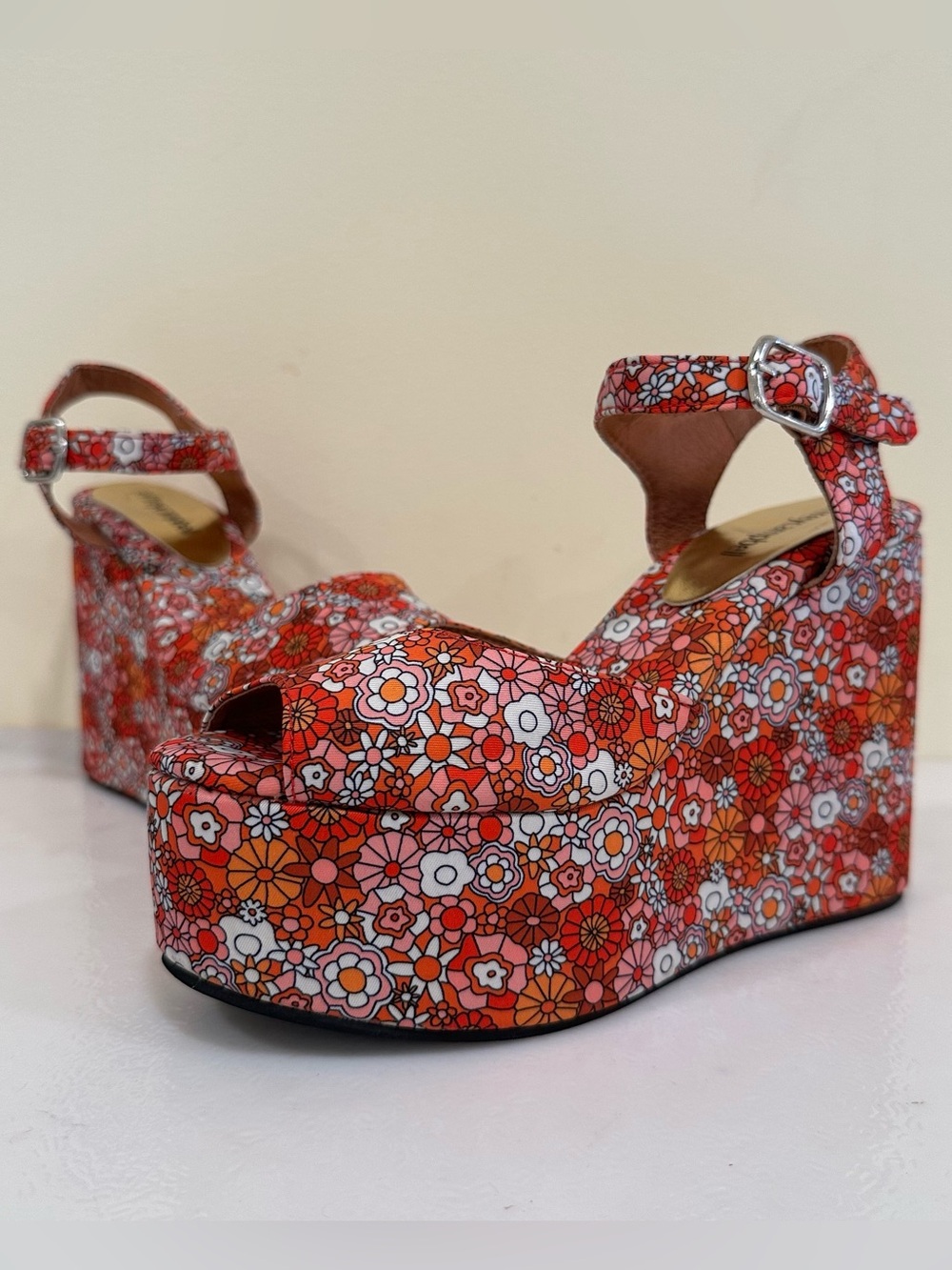 Jeffrey Campbell Dazing Pink Orange White Floral Platform Hippie Wedge Sandals 6
